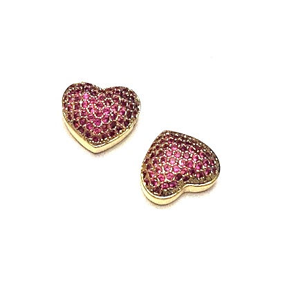 Pave bead, brass, 13x11x6mm heart, gold, ruby CZ. Each