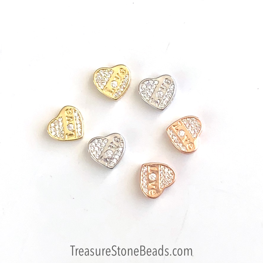 Pave Bead, brass, 10x11mm heart, love, gold, clear CZ. Ea