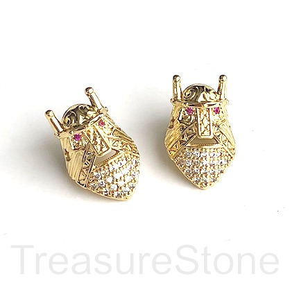 Pave Bead, brass, 10x15mm gold warrior helmet, clear CZ. Ea - Click Image to Close