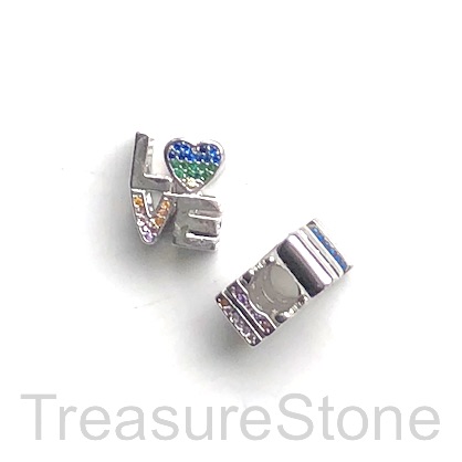 Pave Bead, 12x10mm, silver, heart, LOVE, large hole, 4mm. Ea