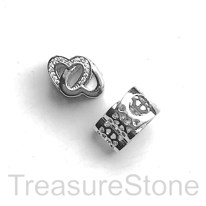 Pave Bead, 9x13mm, silver, double heart, large hole, 4mm. Ea - Click Image to Close