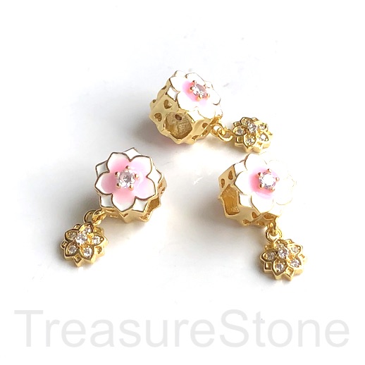 Pave Bead, 9x10mm, gold, pink flower, large hole, 4mm. Ea