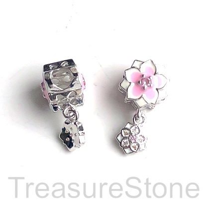 Pave Bead, 9x10mm, silver, pink flower, large hole, 4mm. Ea