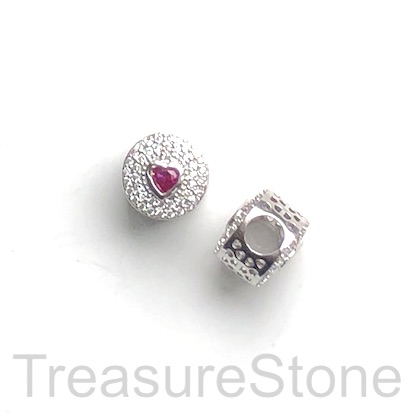 Pave Bead, 11x9mm, silver, 4mm pink heart, large hole, 4.5mm. Ea - Click Image to Close