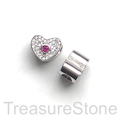 Pave Bead, 11x9mm, silver, 4mm pink heart, large hole, 4.5mm. Ea - Click Image to Close