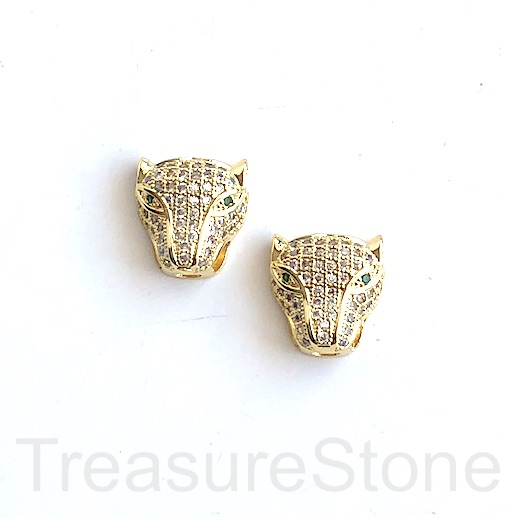 Pave Bead, brass, 14x15mm gold leopard head, clear CZ. Ea