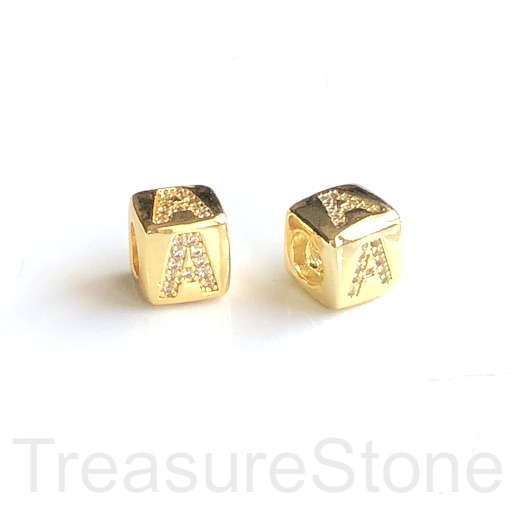 Pave Bead, 8.5mm cube,letter,alphabet A,gold,large hole:4.5mm,ea