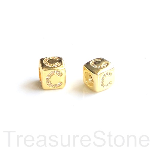 Pave Bead, 8.5mm cube,letter,alphabet C,gold,large hole:4.5mm,ea