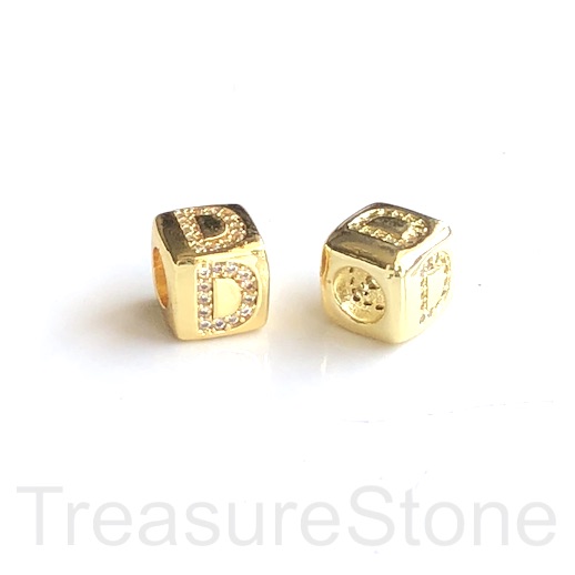 Pave Bead, 8.5mm cube,letter,alphabet D,gold,large hole:4.5mm,ea