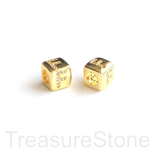 Pave Bead, 8.5mm cube,letter,alphabet F,gold,large hole:4.5mm,ea