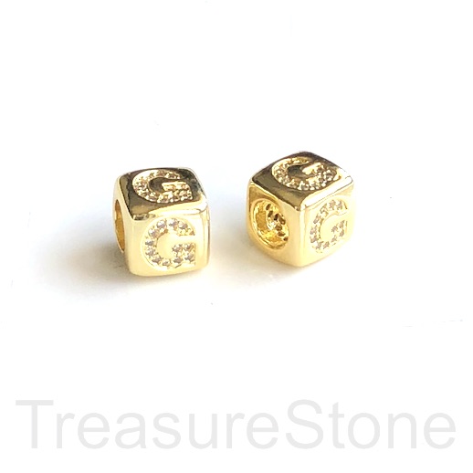 Pave Bead, 8.5mm cube,letter,alphabet G,gold,large hole:4.5mm,ea