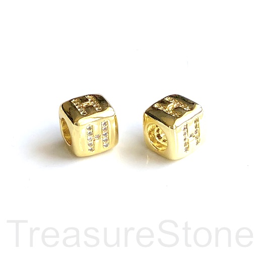 Pave Bead, 8.5mm cube,letter,alphabet H,gold,large hole:4.5mm,ea