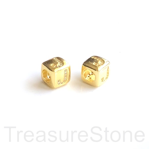 Pave Bead, 8.5mm cube,letter,alphabet J,gold,large hole:4.5mm,ea