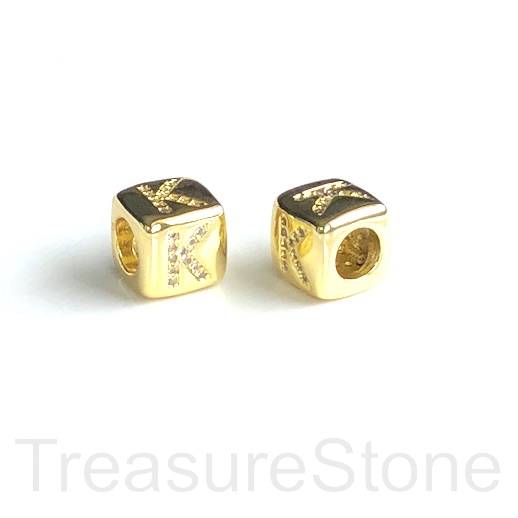 Pave Bead, 8.5mm cube,letter,alphabet K,gold,large hole:4.5mm,ea