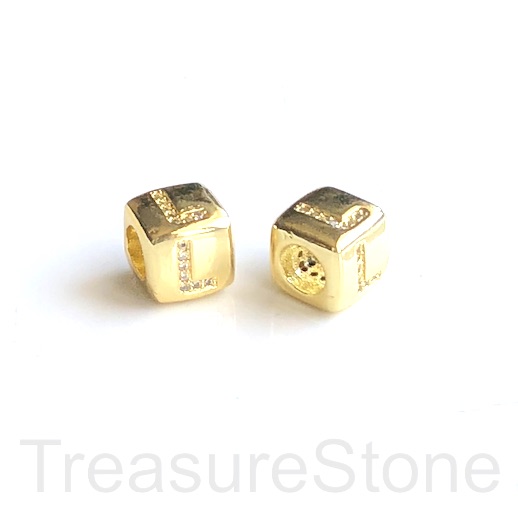 Pave Bead, 8.5mm cube,letter,alphabet L,gold,large hole:4.5mm,ea