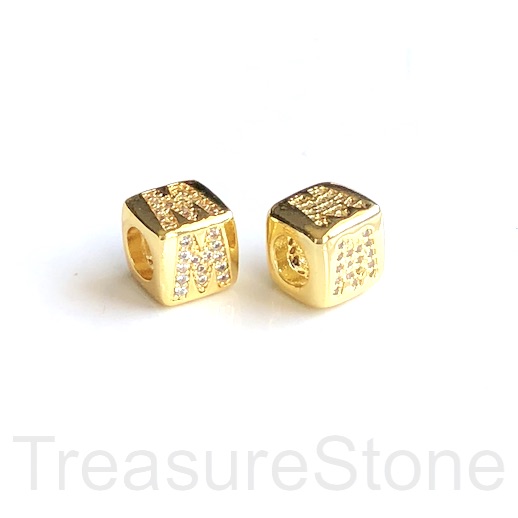 Pave Bead, 8.5mm cube,letter,alphabet M,gold,large hole:4.5mm,ea