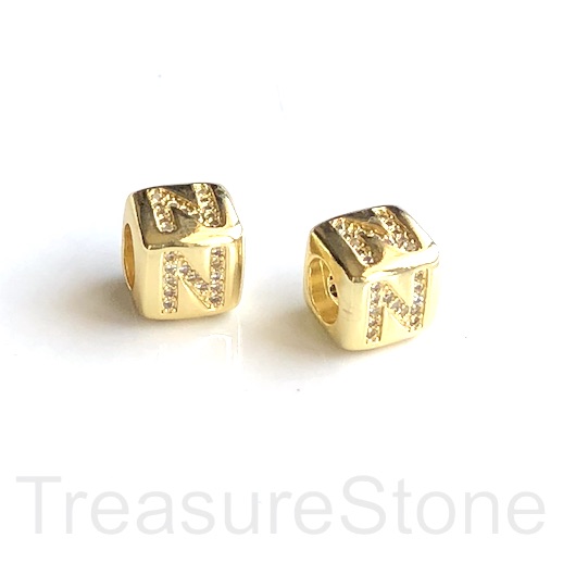 Pave Bead, 8.5mm cube,letter,alphabet N,gold,large hole:4.5mm,ea
