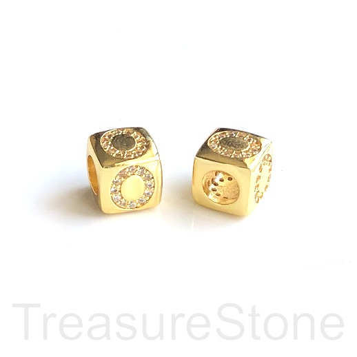 Pave Bead, 8.5mm cube,letter,alphabet O,gold,large hole:4.5mm,ea