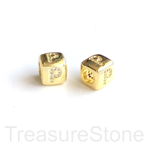 Pave Bead, 8.5mm cube,letter,alphabet P,gold,large hole:4.5mm,ea