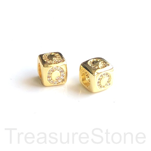 Pave Bead, 8.5mm cube,letter,alphabet Q,gold,large hole:4.5mm,ea