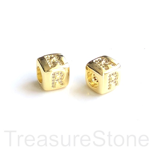 Pave Bead, 8.5mm cube,letter,alphabet R,gold,large hole:4.5mm,ea