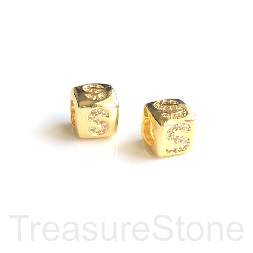 Pave Bead, 8.5mm cube,letter,alphabet S,gold,large hole:4.5mm,ea