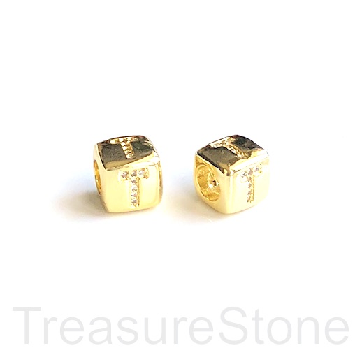 Pave Bead, 8.5mm cube,letter,alphabet T,gold,large hole:4.5mm,ea