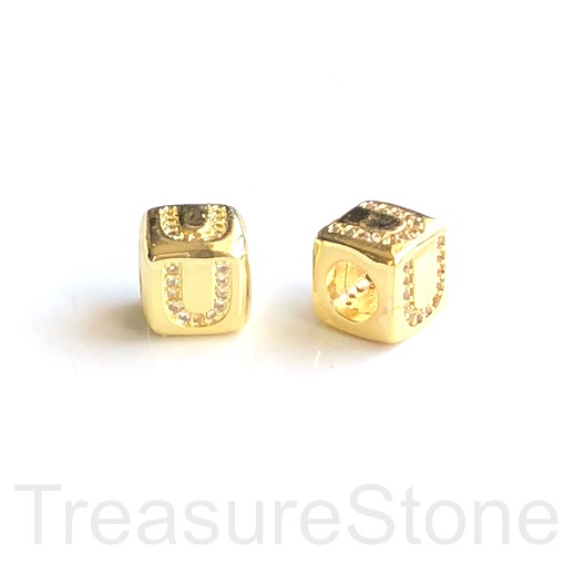 Pave Bead, 8.5mm cube,letter,alphabet U,gold,large hole:4.5mm,ea