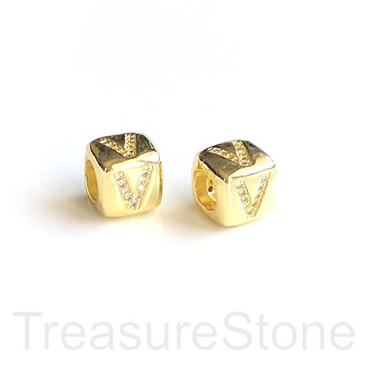 Pave Bead, 8.5mm cube,letter,alphabet V,gold,large hole:4.5mm,ea
