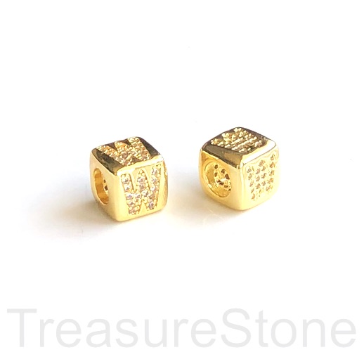 Pave Bead, 8.5mm cube,letter,alphabet W,gold,large hole:4.5mm,ea