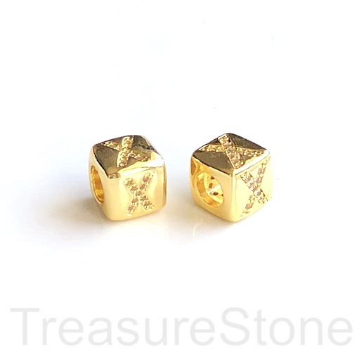 Pave Bead, 8.5mm cube,letter,alphabet X,gold,large hole:4.5mm,ea