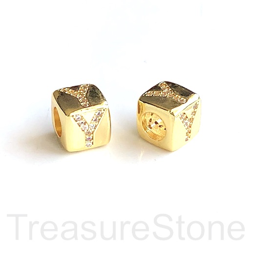 Pave Bead, 8.5mm cube,letter,alphabet Y,gold,large hole:4.5mm,ea
