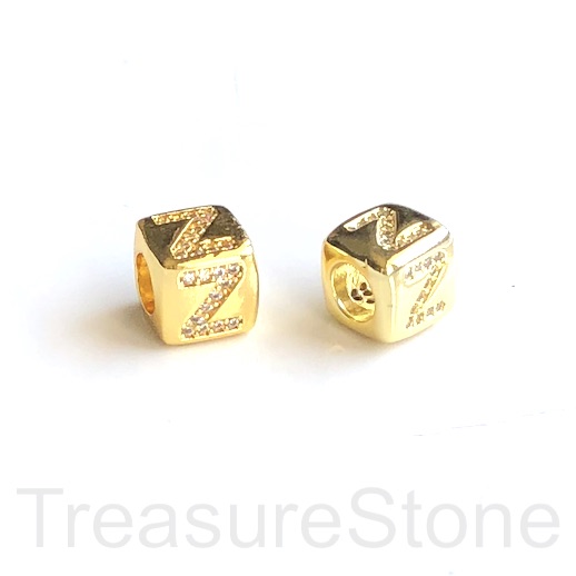Pave Bead, 8.5mm cube,letter,alphabet Z,gold,large hole:4.5mm,ea
