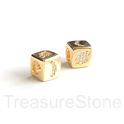 Pave Bead,brass,gold,7mm cube, Saturn, moon, large hole,3.5mm.Ea