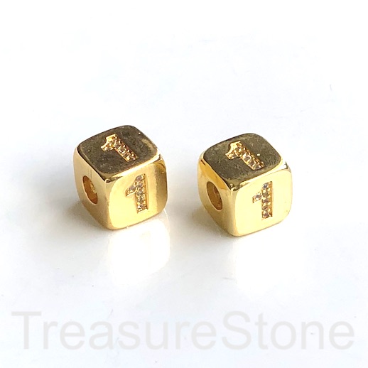 Pave Bead, 9mm cube, number 1, gold, large hole:3mm, ea