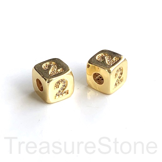 Pave Bead, 9mm cube, number 2, gold, large hole:3mm, ea