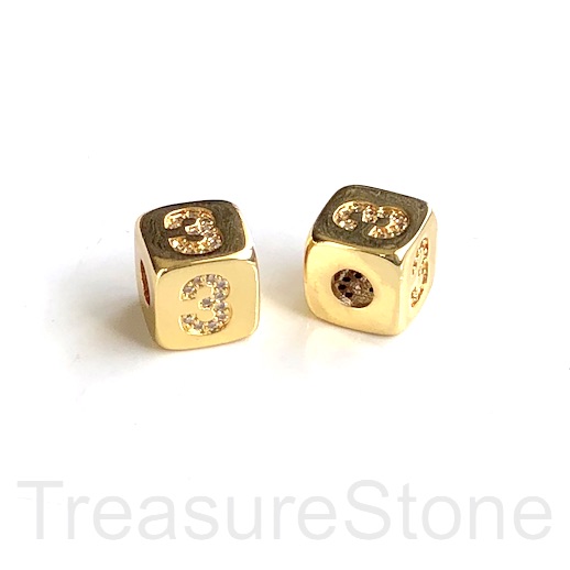 Pave Bead, 9mm cube, number 3, gold, large hole:3mm, ea