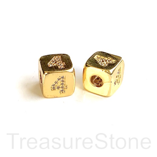 Pave Bead, 9mm cube, number 4, gold, large hole:3mm, ea