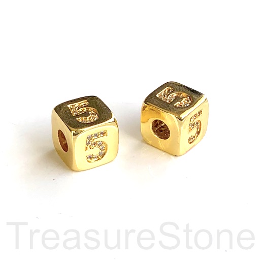 Pave Bead, 9mm cube, number 5, gold, large hole:3mm, ea