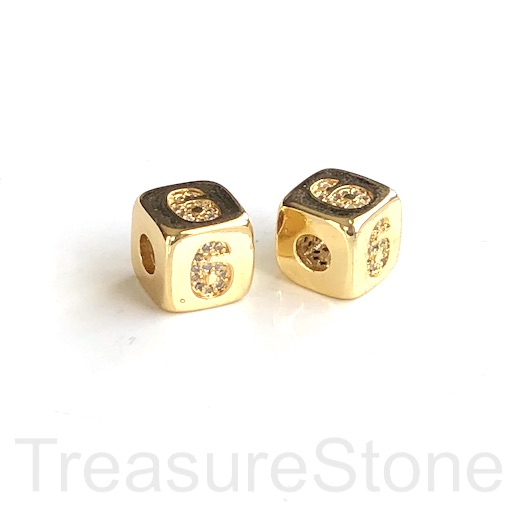 Pave Bead, 9mm cube, number 6, gold, large hole:3mm, ea