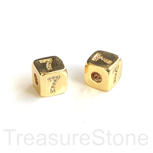 Pave Bead, 9mm cube, number 7, gold, large hole:3mm, ea