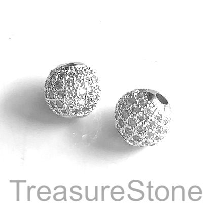 Micro Pave Bead, brass, silver, 10mm round. Each