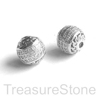 Micro Pave Bead, brass, silver, 8mm round. Each