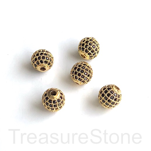 Micro Pave Bead, brass, gold, 8mm round, black CZ. Each - Click Image to Close
