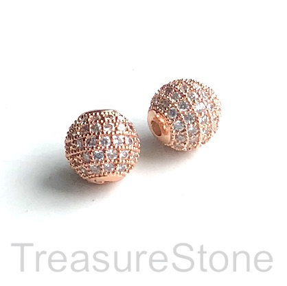 Micro Pave Bead, brass, rose gold, 6mm round. Each