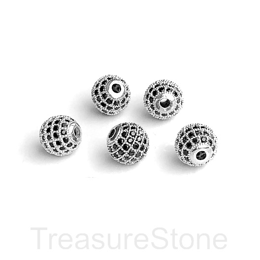 Micro Pave Bead, brass, silver, 8mm round, black CZ. Each - Click Image to Close