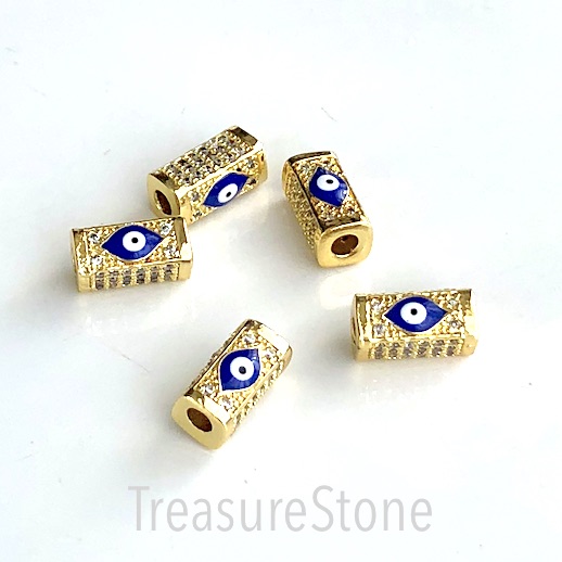 Pave Bead,brass,7x14mm rectangle tube,gold, evil eye,clear CZ.Ea