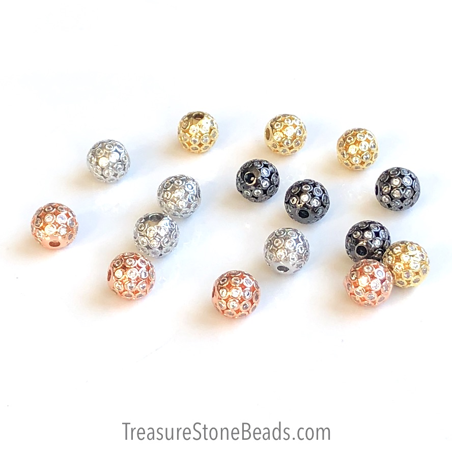 Pave Bead, 8mm round, rose gold brass, clear CZ. ea