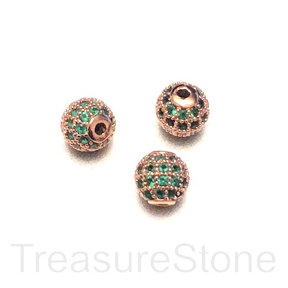 Pave bead, brass, 6mm round, rose gold, emerald CZ. Each