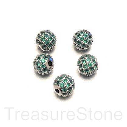 Pave bead, brass, 6mm round, silver, emerald CZ. Each